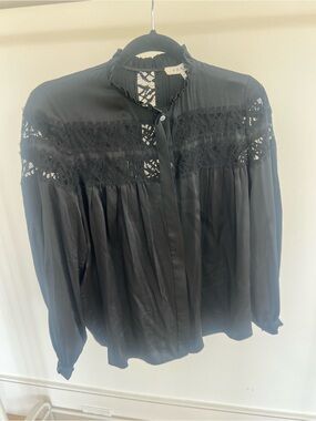 Frame Denim Black Lace Yoke Long-Sleeve Blouse